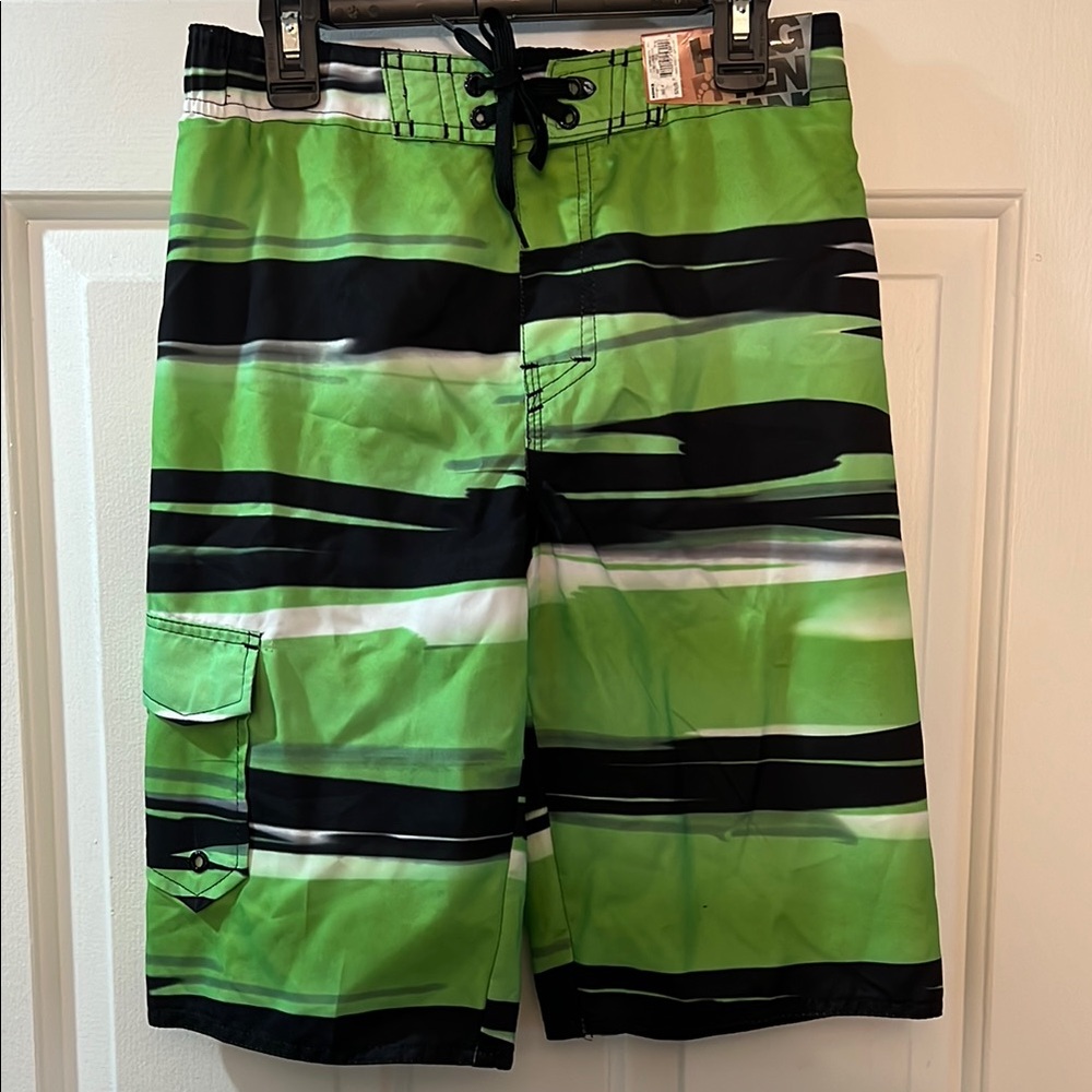 Hang Ten Green and Black Swim Trunks with Striking Stripes